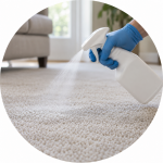 Gloved hand applying deodorizing spray to carpet