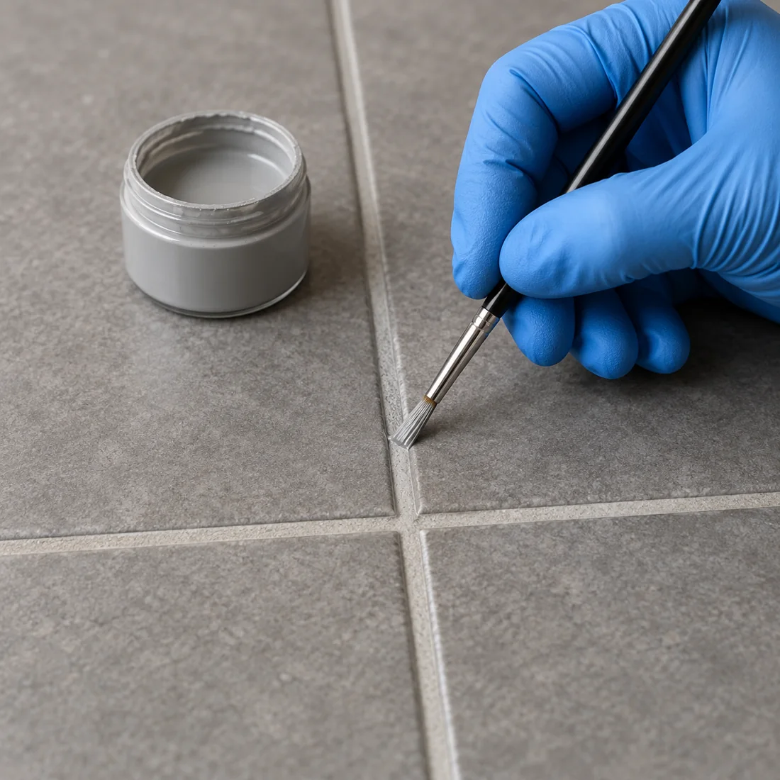 Applying gray grout colorant with a detail brush
