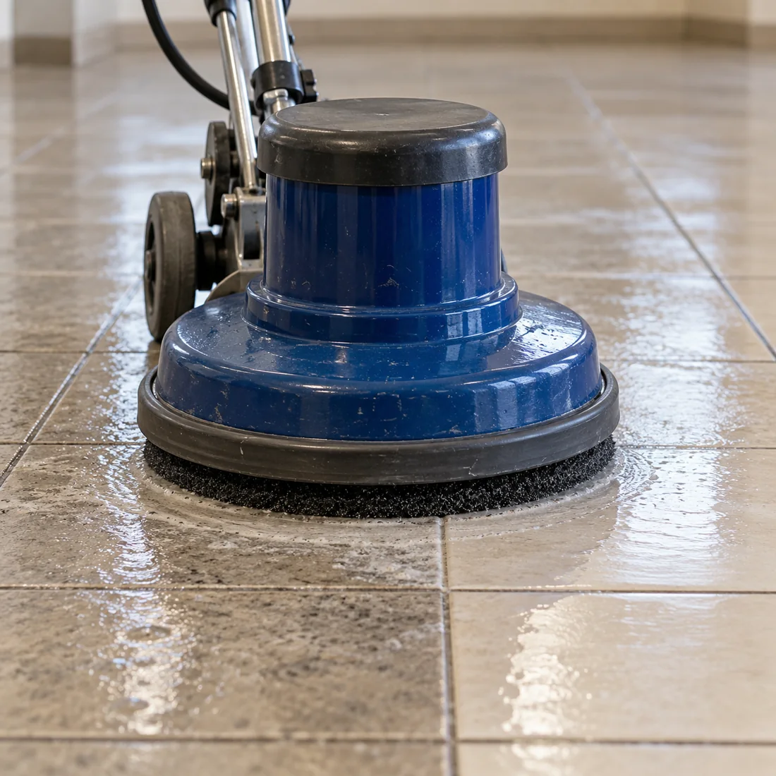 Floor machine removing finish buildup from ceramic tile