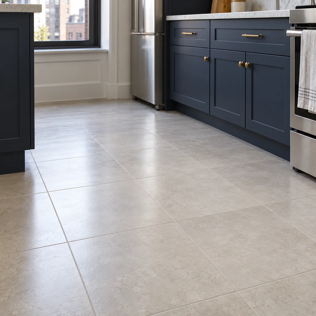 Clean ceramic tile floor and grout lines in a kitchen