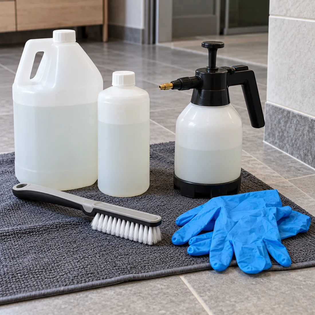 Tile cleaning sprayer, solution containers, grout brush and gloves