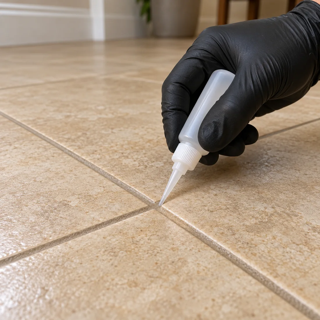 Applying sealer along a grout line between ceramic tiles